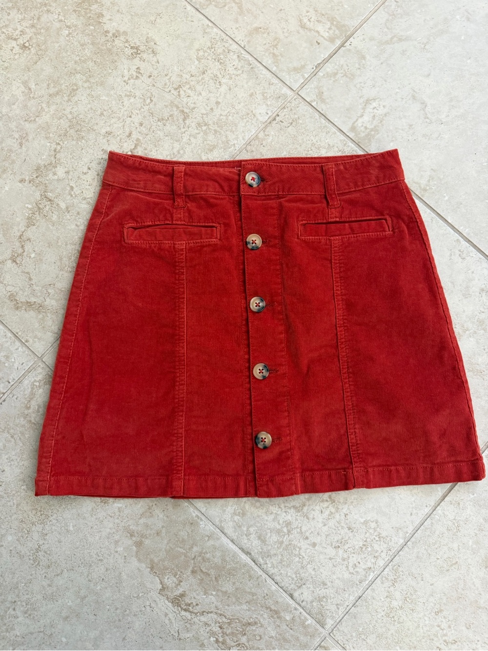True Craft Rust Corduroy Button Front Mini Skirt Size 7 A-Line 70s Retro